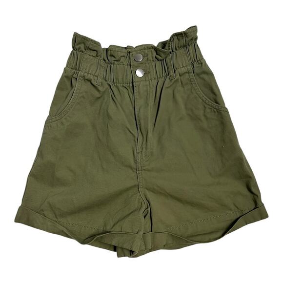 H&M Womens Shorts Green Paper Bag High Waist 2 cotton Casual Summer - Picture 1 of 4